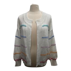 Pink Lily Cardigan White Open Front Balloon Sleeve Medium Multi Color Stripes